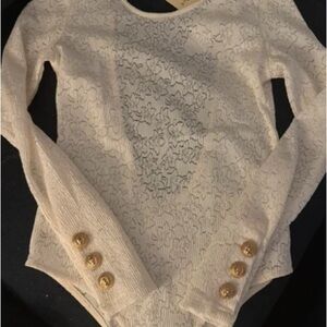 Easy Clothes Cream Lace Long-Sleeve Bodysuit with Gold Button Cuffs Low Back